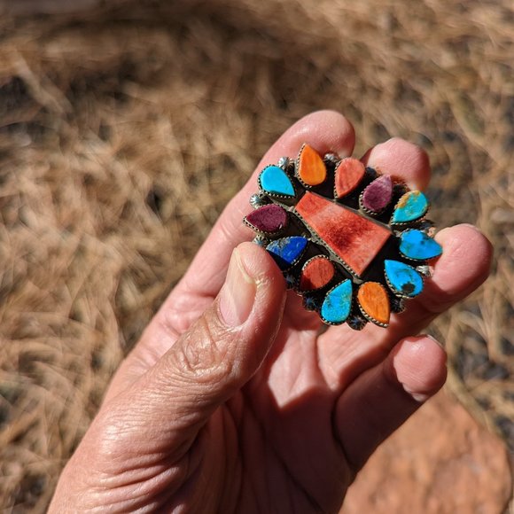 Navajo Sterling Silver Ring w Turquoise Spiny Oyster Cluster stones sz 6.5 - Picture 3 of 10